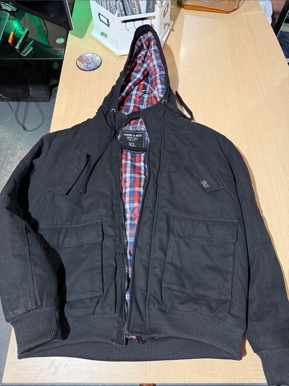 Black Hooded Field Jacket with Red Plaid Lining